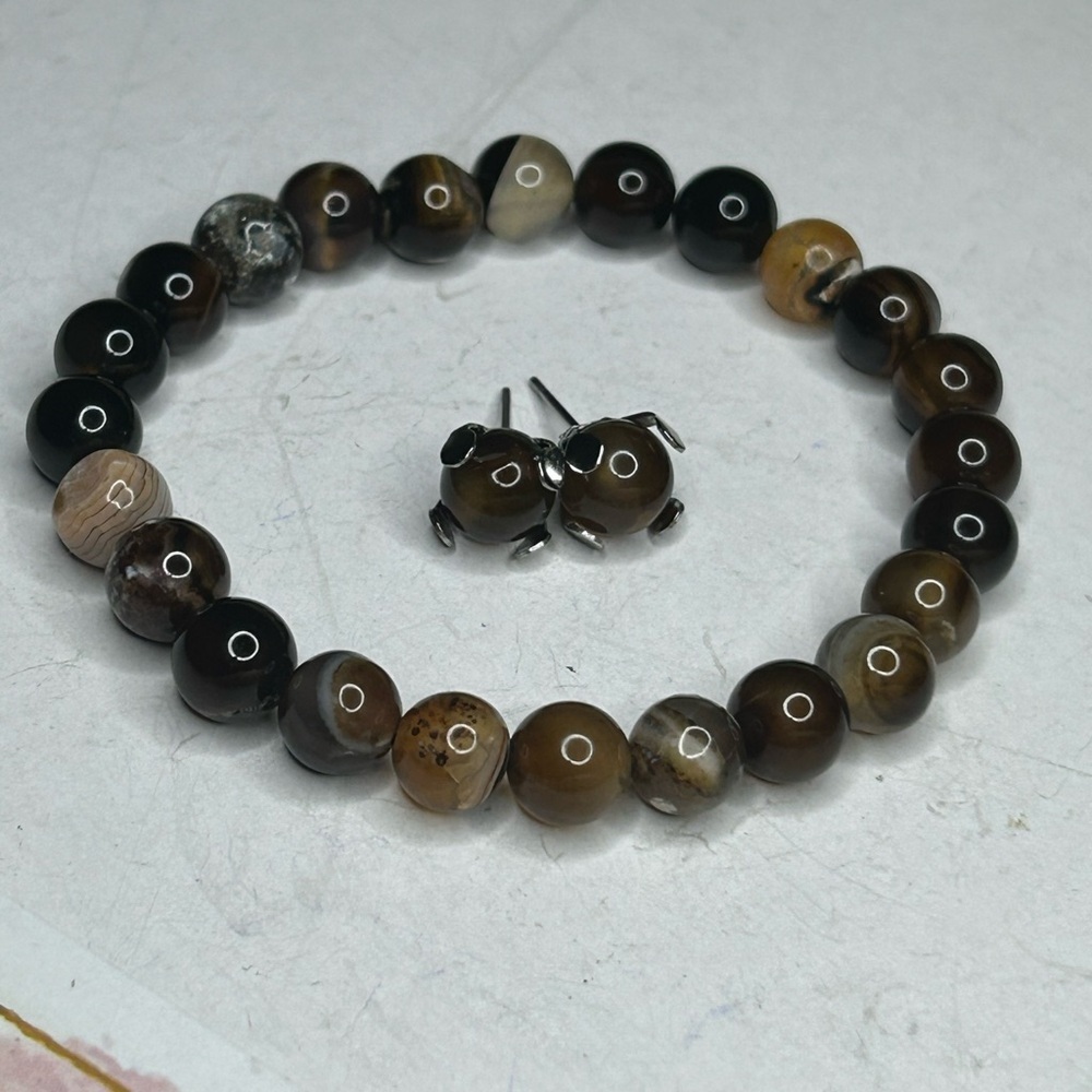 Brown Agate Bracelet + Stud Earrings